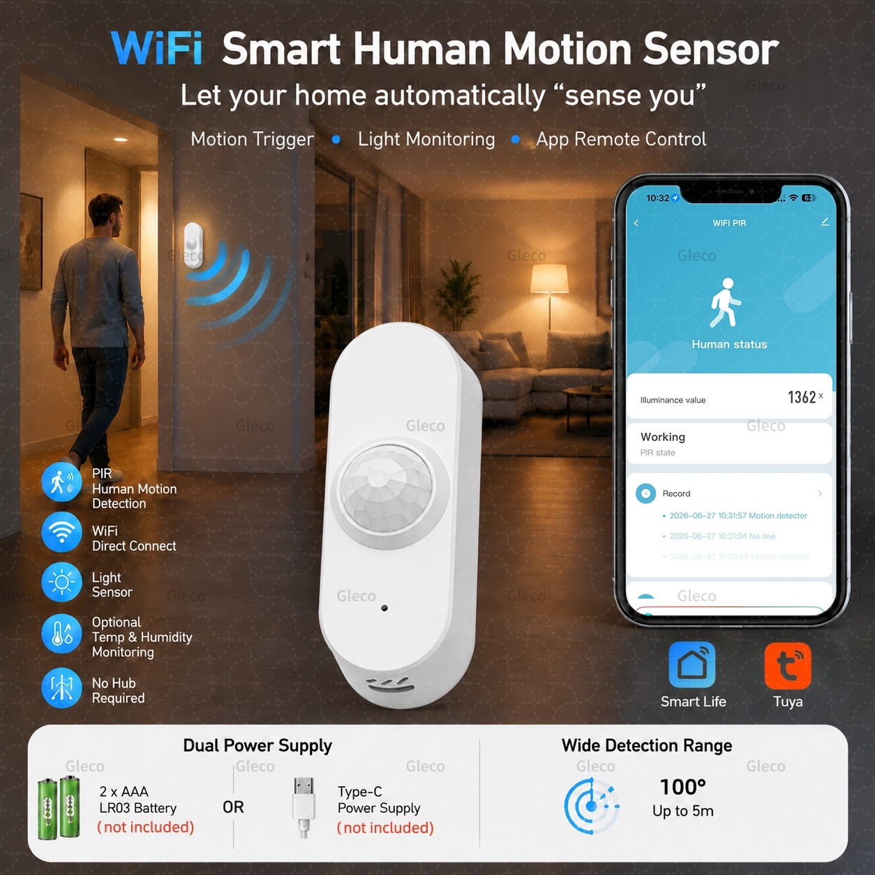 Smart Home Wiser - Tuya WLAN-PIR-Bewegungssensor Smart Life Temperatur- und